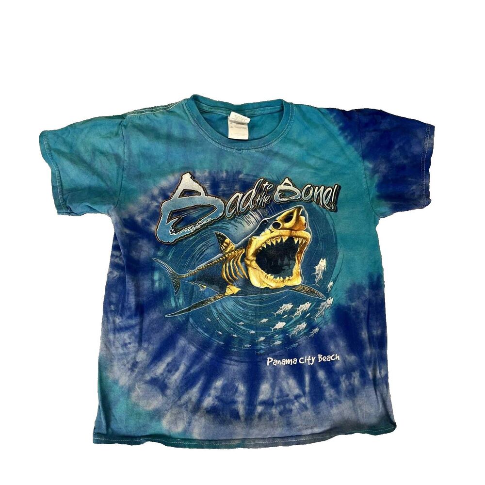 Bone Shark T-Shirt Boys Size Large Blue Tie Dye Panama City Beach Graphic Tee